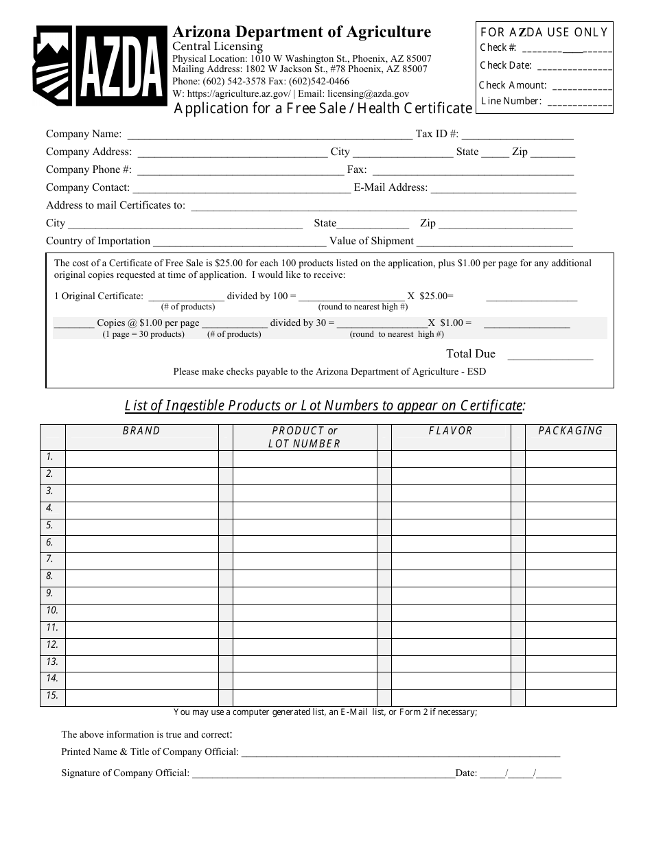 Application for a Free Sale / Health Certificate - Arizona, Page 1