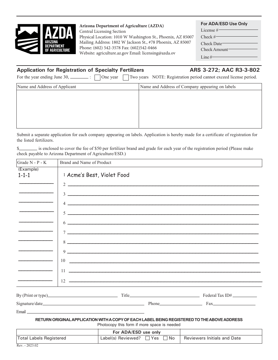 Application for Registration of Specialty Fertilizers - Arizona, Page 3