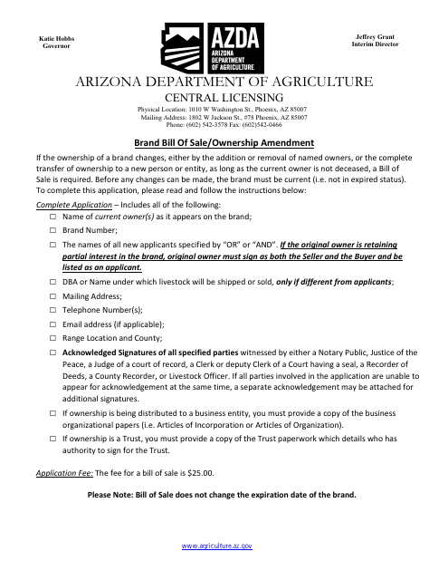 Brand Bill of Sale / Ownership Amendment - Arizona Download Pdf