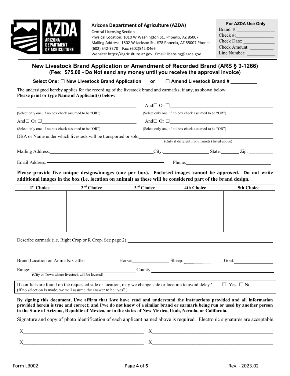 Form LB002 New Livestock Brand Application or Amendment of Recorded Brand - Arizona, Page 4