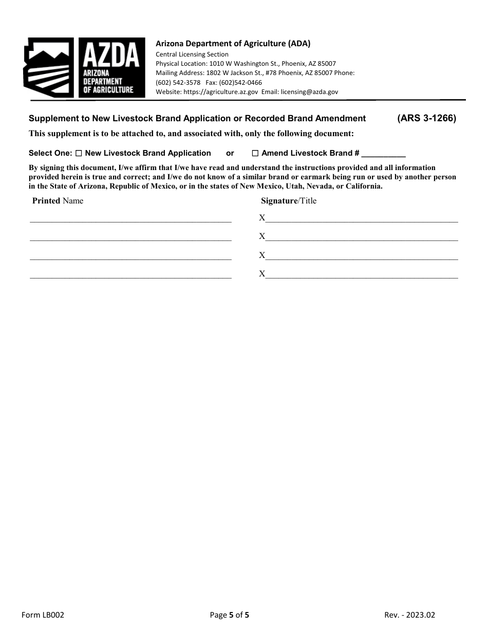 Form LB002 New Livestock Brand Application or Amendment of Recorded Brand - Arizona, Page 5