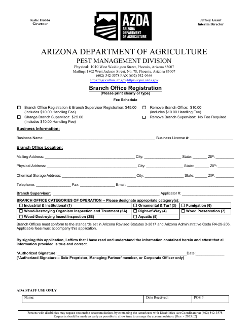 Branch Office Registration - Arizona Download Pdf
