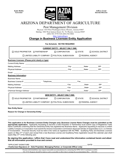 Change in Business Licensee Entity Application - Arizona Download Pdf