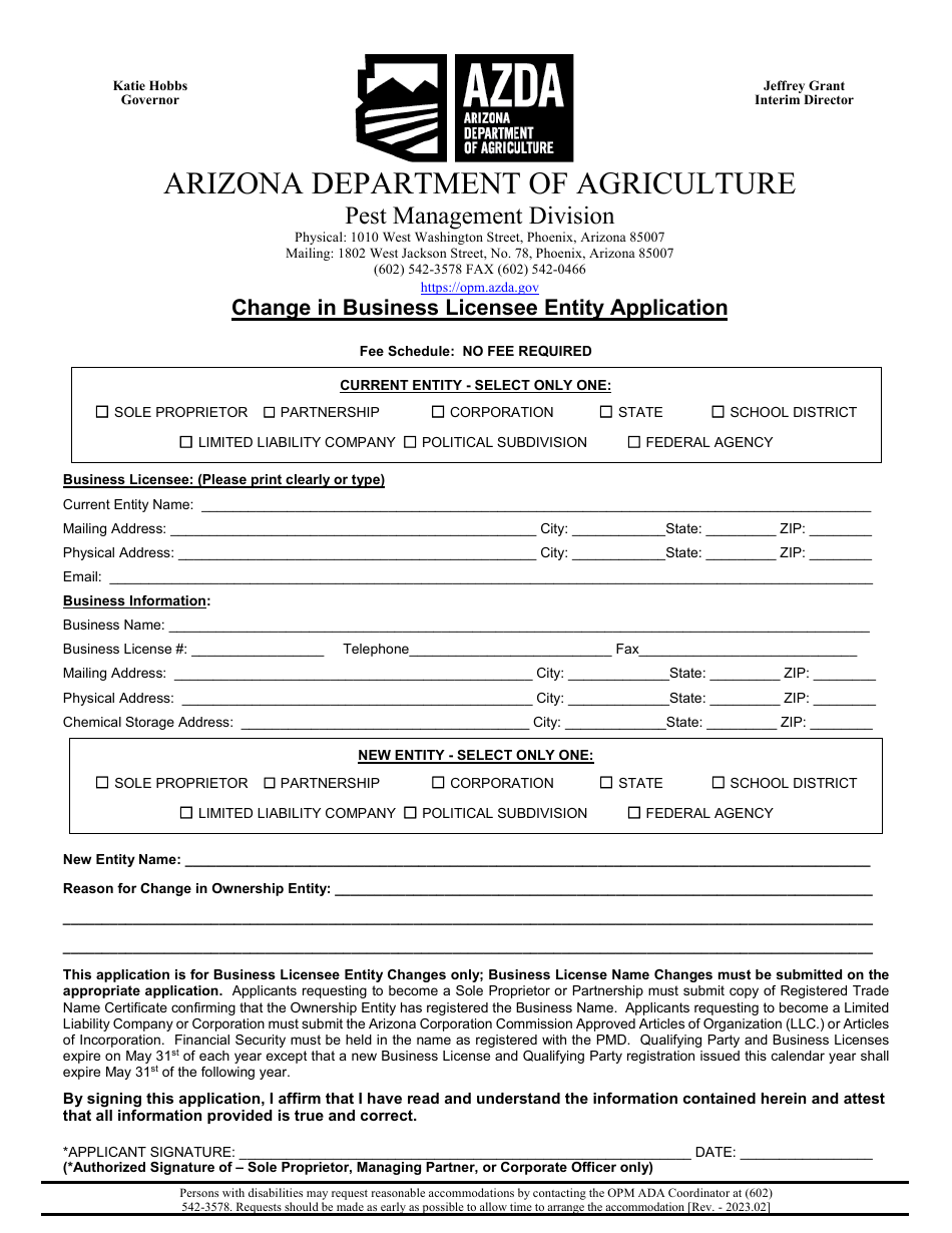 Change in Business Licensee Entity Application - Arizona, Page 1