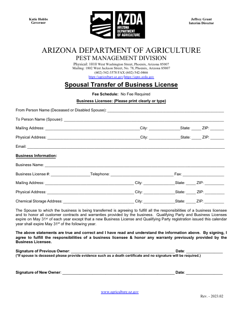 Spousal Transfer of Business License - Arizona Download Pdf