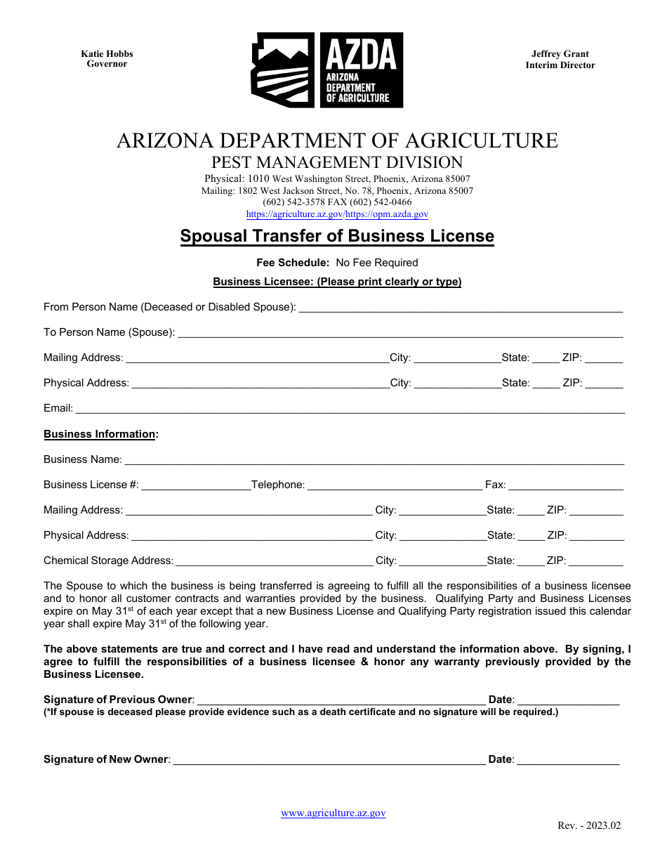 Arizona Spousal Transfer of Business License Fill Out, Sign Online