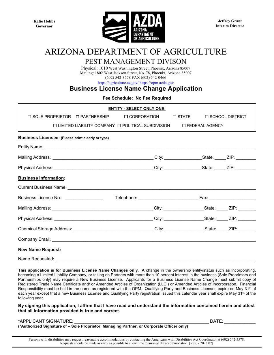 Arizona Business License Name Change Application Fill Out, Sign