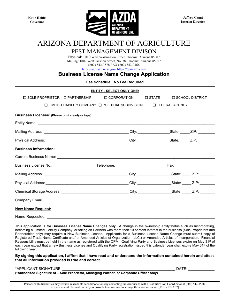 Business License Name Change Application - Arizona, Page 1