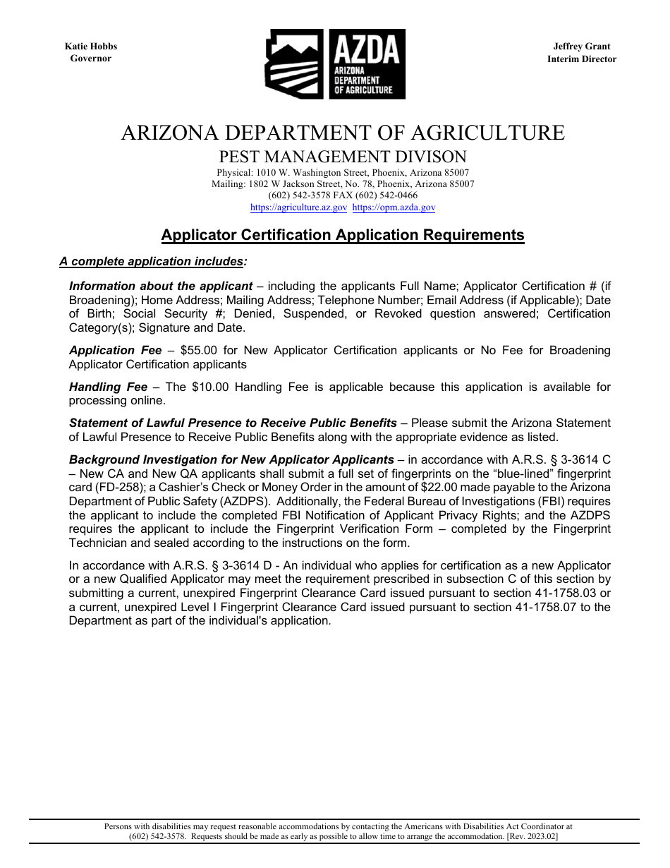 Applicator Certification Application - Arizona, Page 1