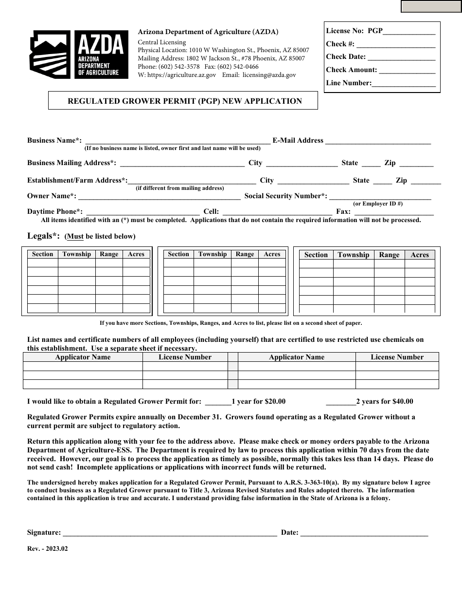 Regulated Grower Permit (Pgp) New Application - Arizona, Page 1