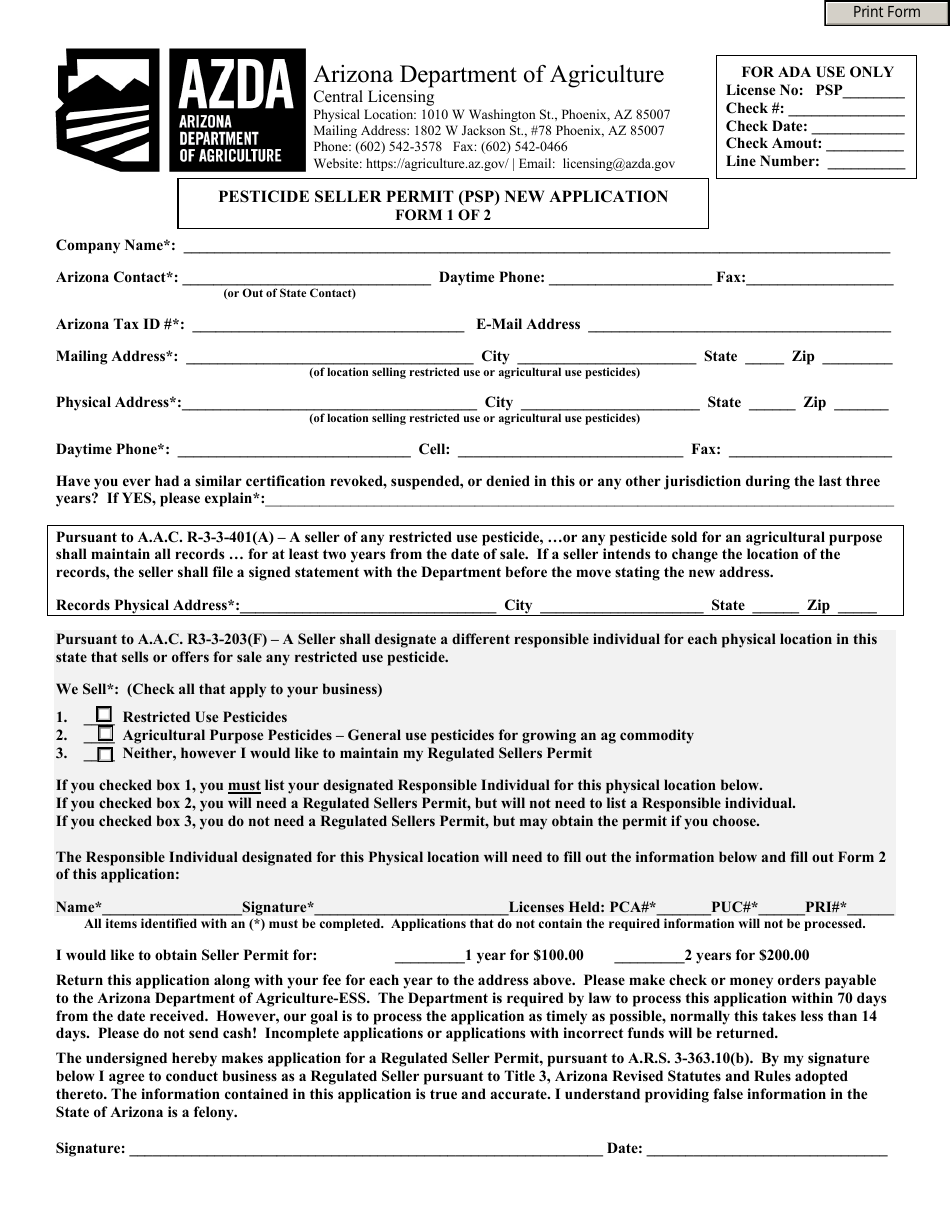 Pesticide Seller Permit (Psp) New Application - Arizona, Page 1