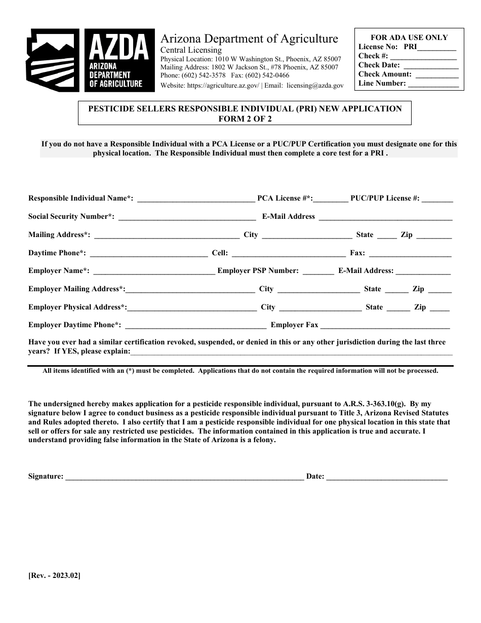 Pesticide Seller Permit (Psp) New Application - Arizona, Page 2