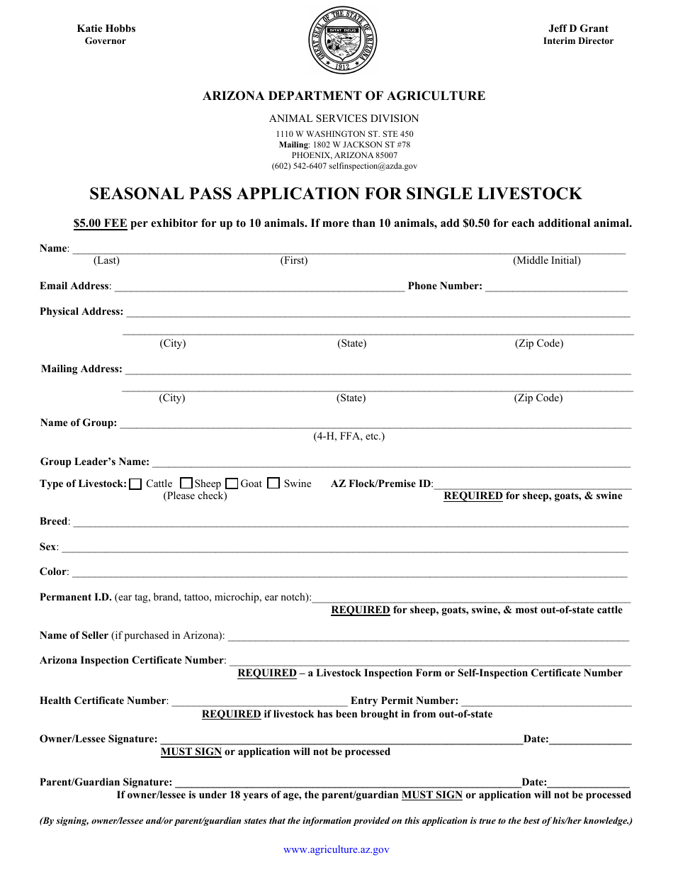 Seasonal Pass Application for Single Livestock - Arizona, Page 1