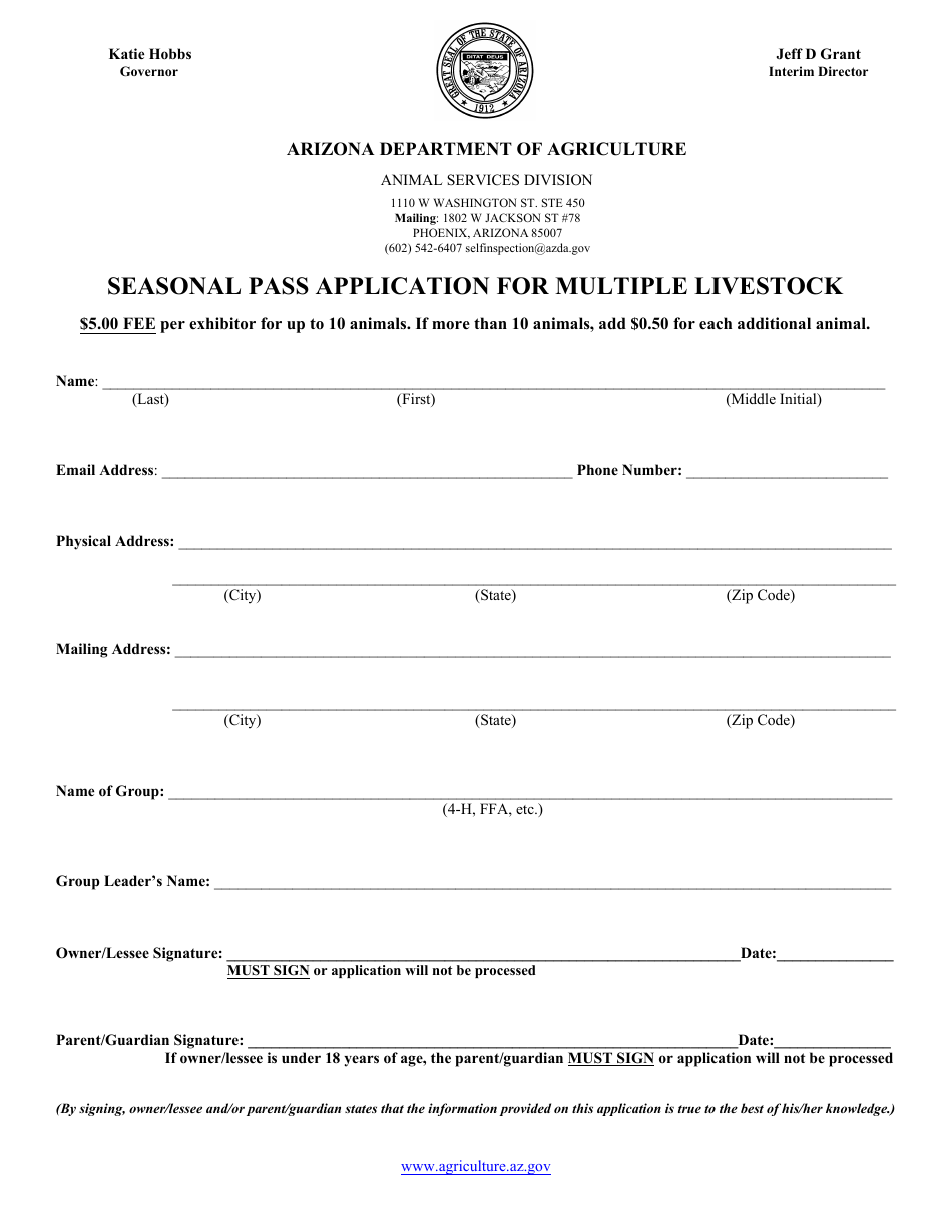 Seasonal Pass Application for Multiple Livestock - Arizona, Page 1