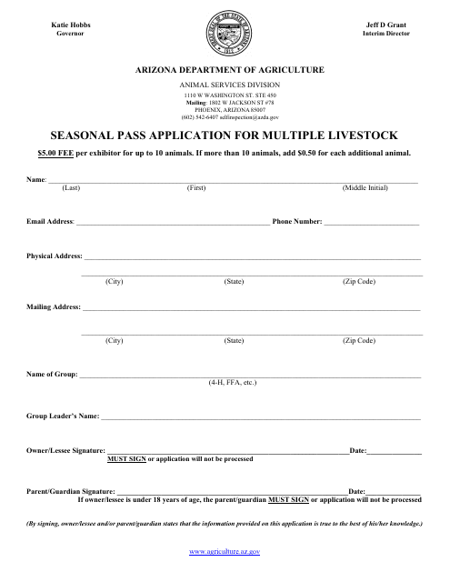 Seasonal Pass Application for Multiple Livestock - Arizona Download Pdf