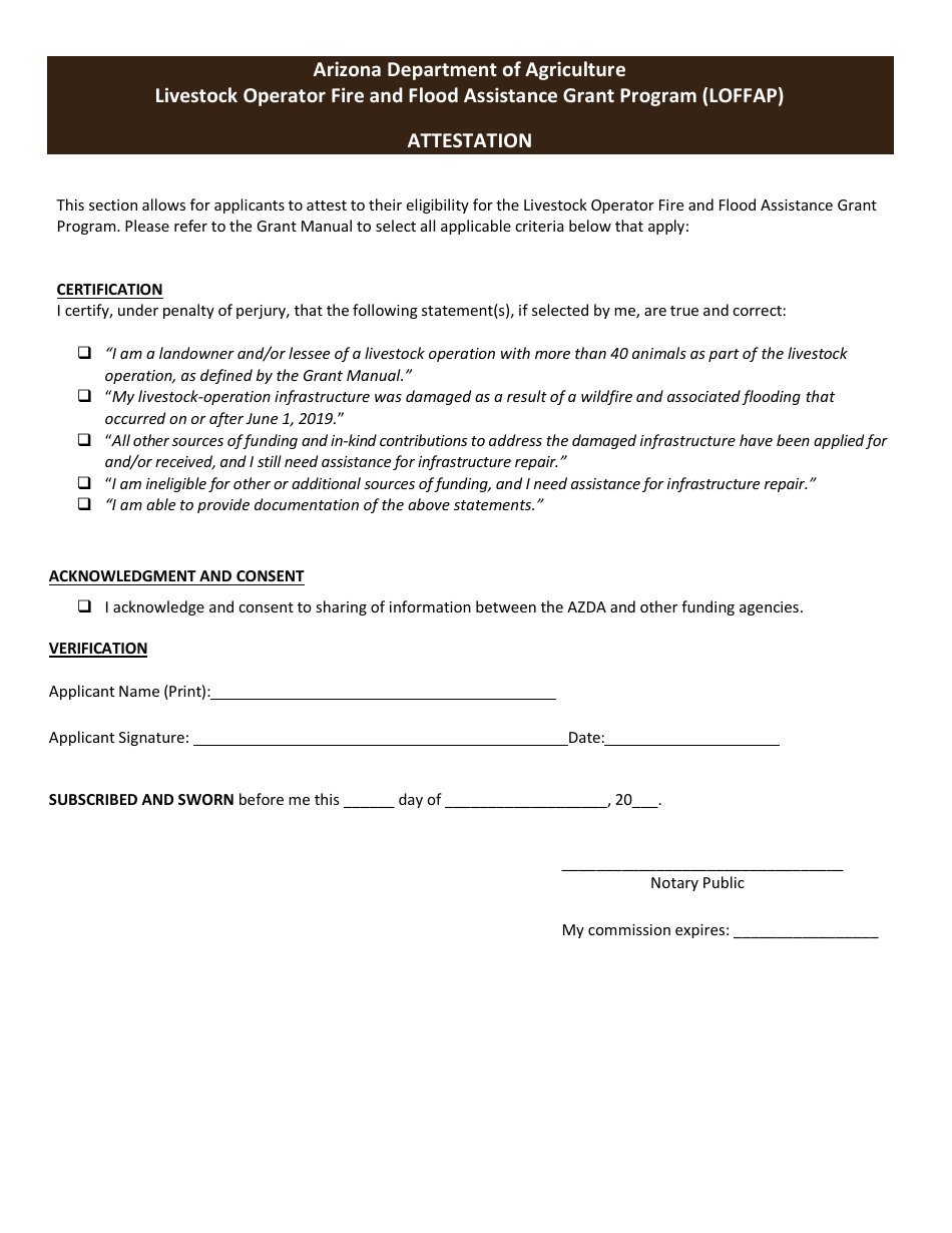 Arizona Attestation Livestock Operator Fire and Flood Assistance