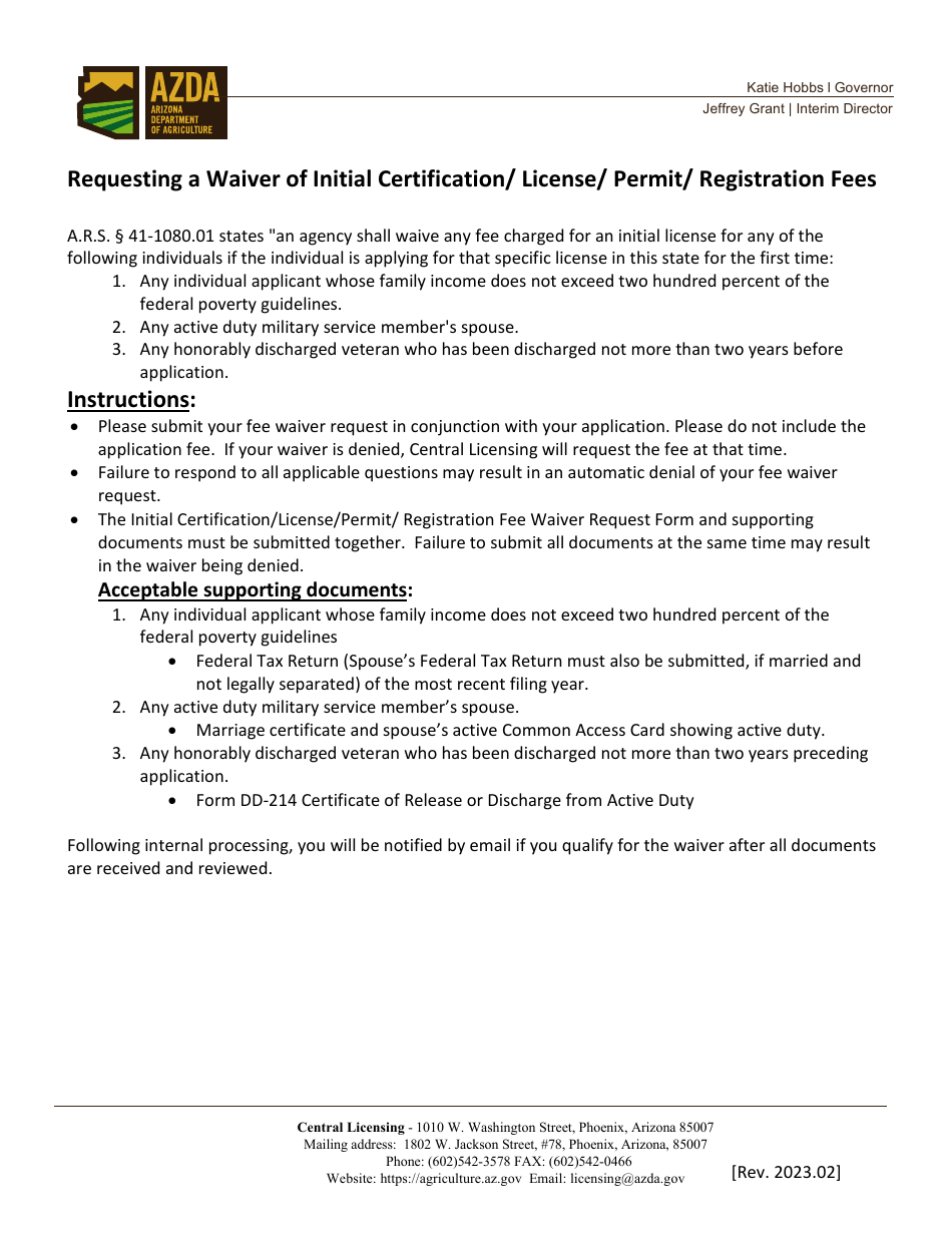 Initial Certification / License / Permit / Registration Fee Waiver Request Form - Arizona, Page 1