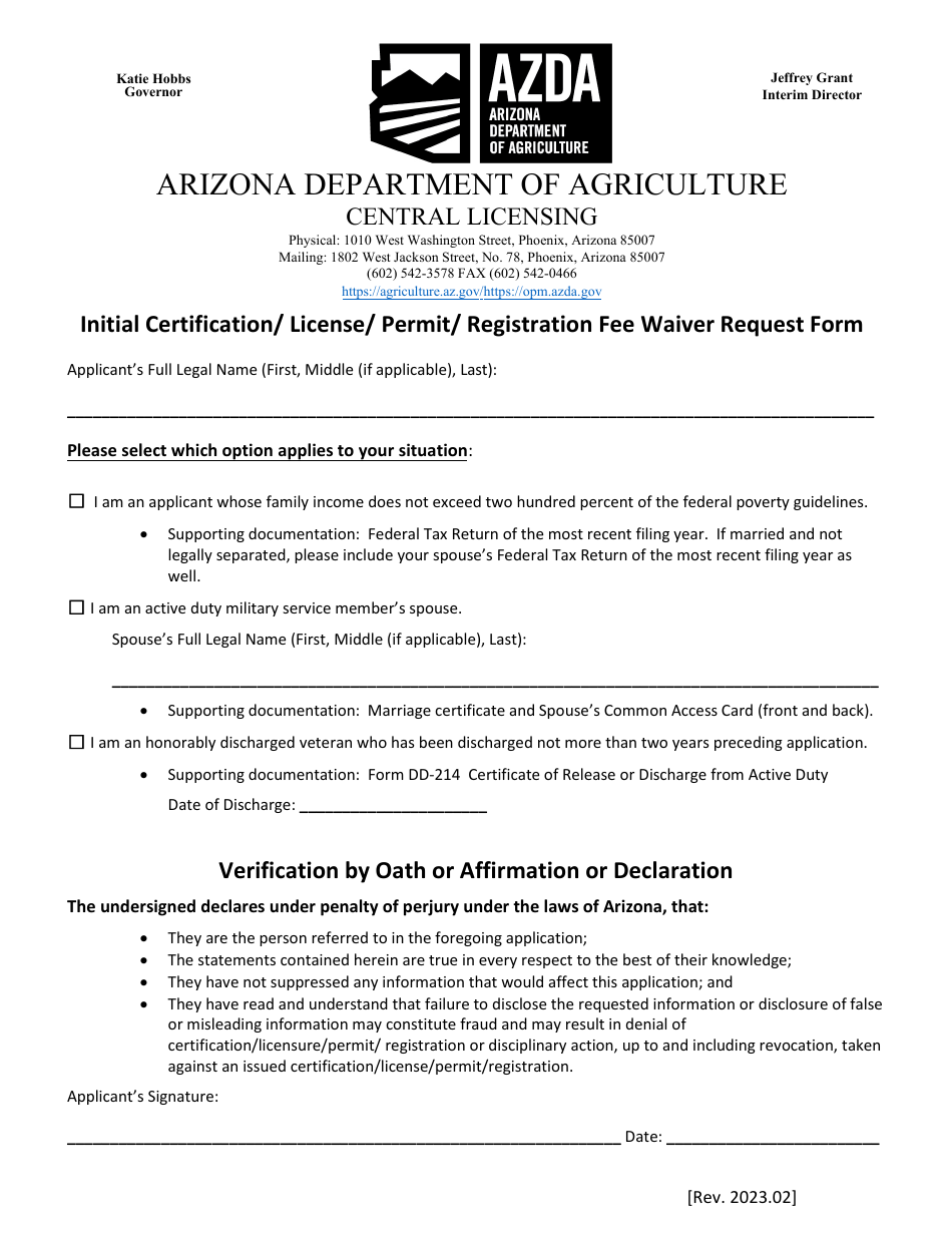 Initial Certification / License / Permit / Registration Fee Waiver Request Form - Arizona, Page 3