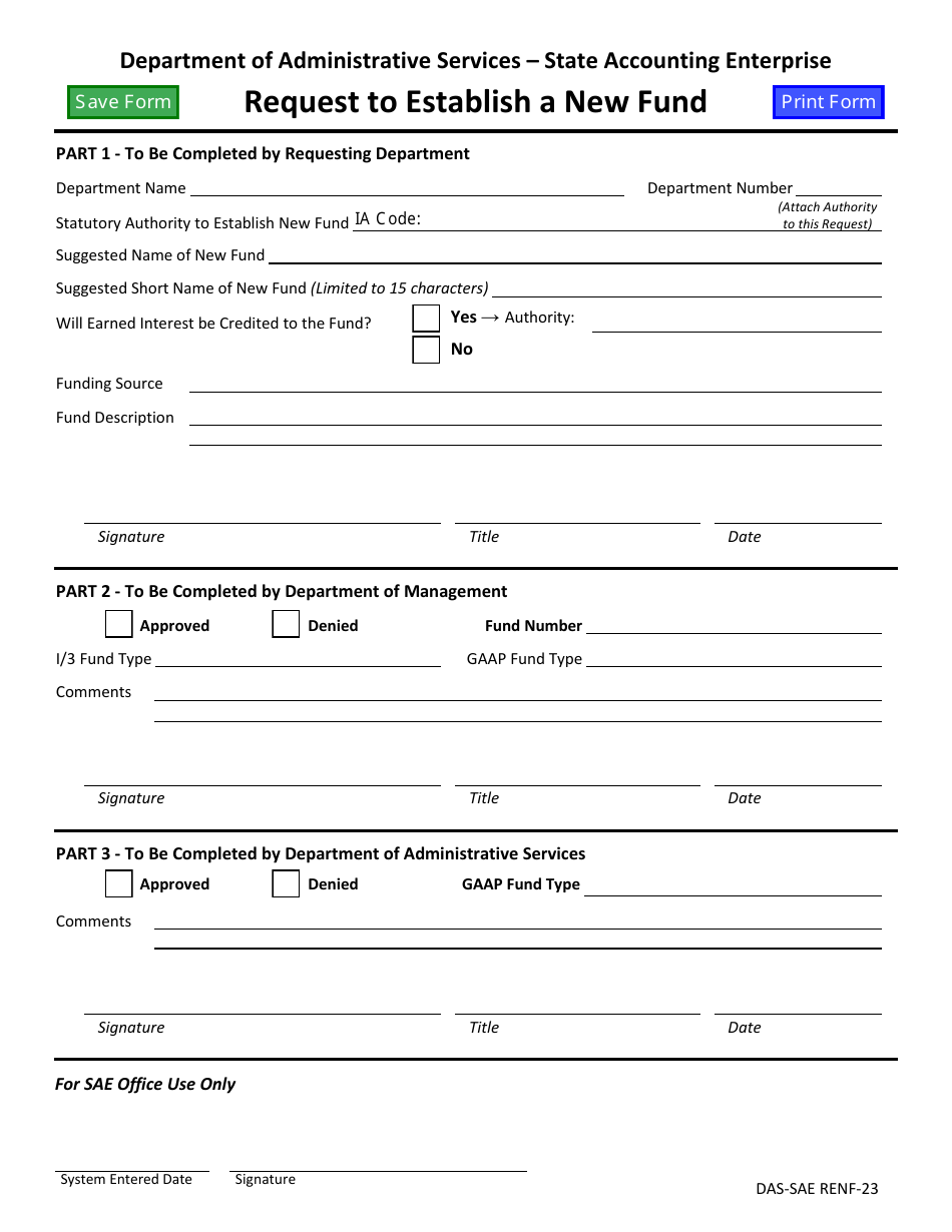 Form DAS-SAE RENF-23 Request to Establish a New Fund - Iowa, Page 1