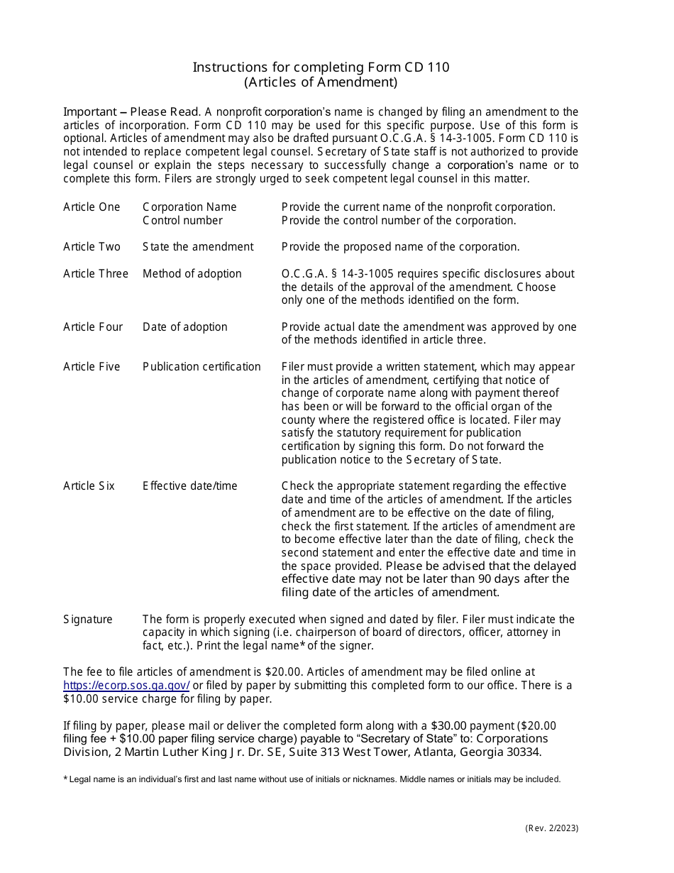 Form CD110 Articles of Amendment of Articles of Incorporation - Georgia (United States), Page 1