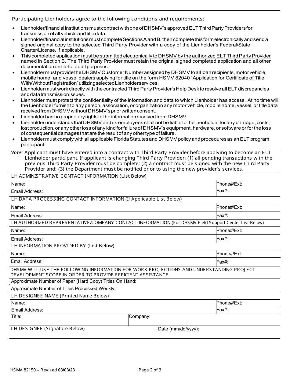 Form HSMV82150 Application and Notice of Interest - Electronic Lien and Title Process - Florida, Page 2