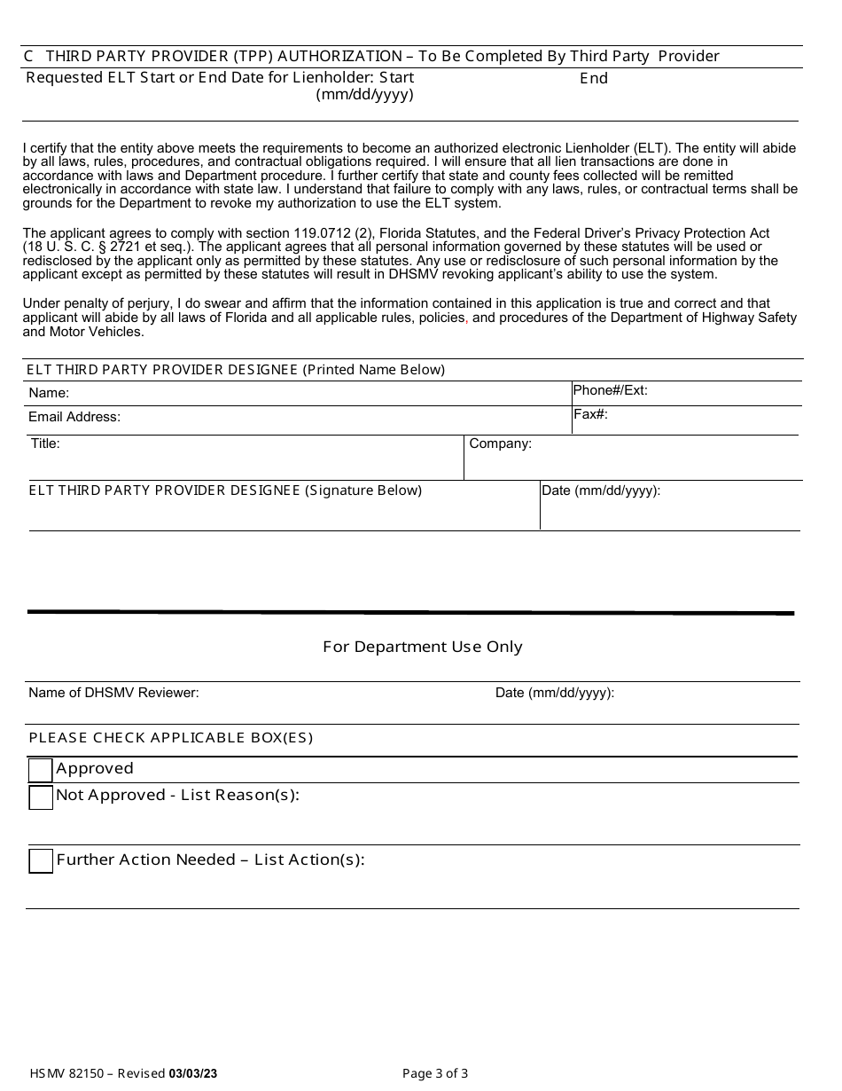Form HSMV82150 Application and Notice of Interest - Electronic Lien and Title Process - Florida, Page 3