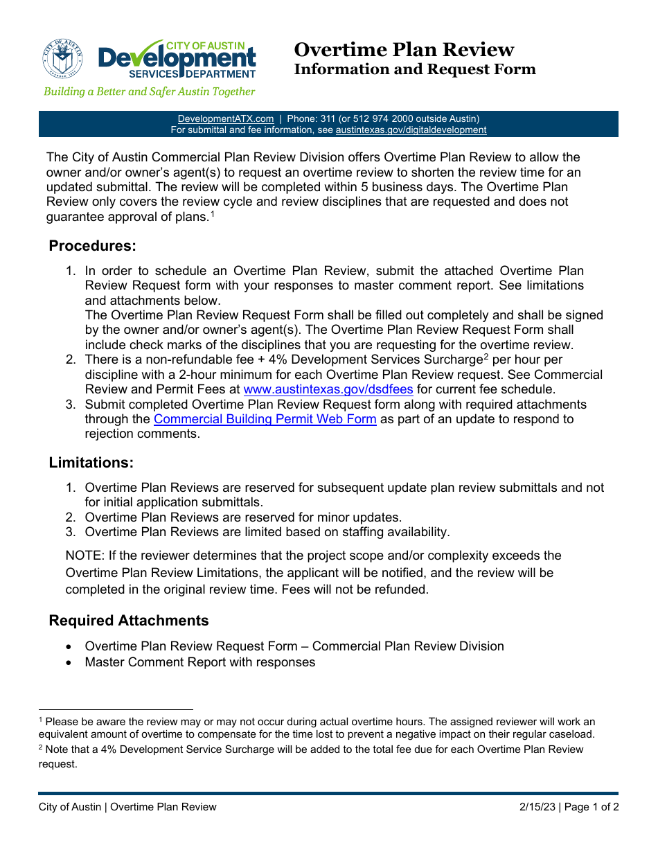 Overtime Plan Review Information and Request Form - City of Austin, Texas, Page 1