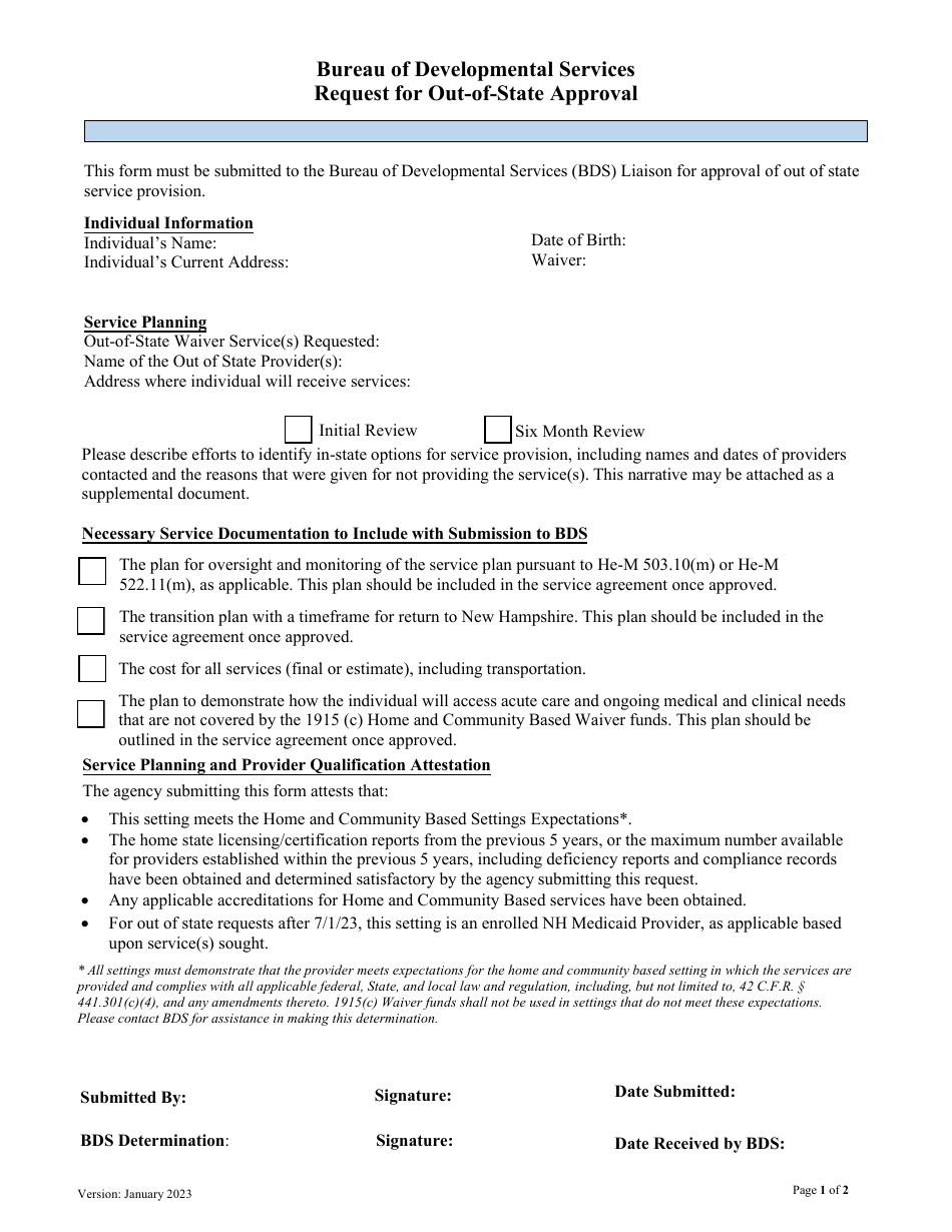 Request for Out-of-State Approval - New Hampshire, Page 1