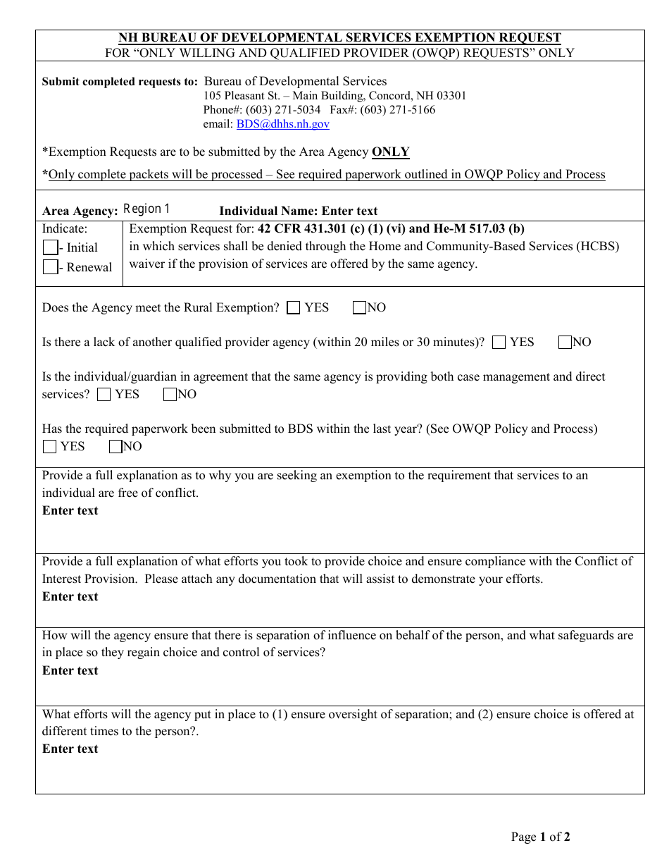 New Hampshire Nh Bureau of Developmental Services Exemption Request for