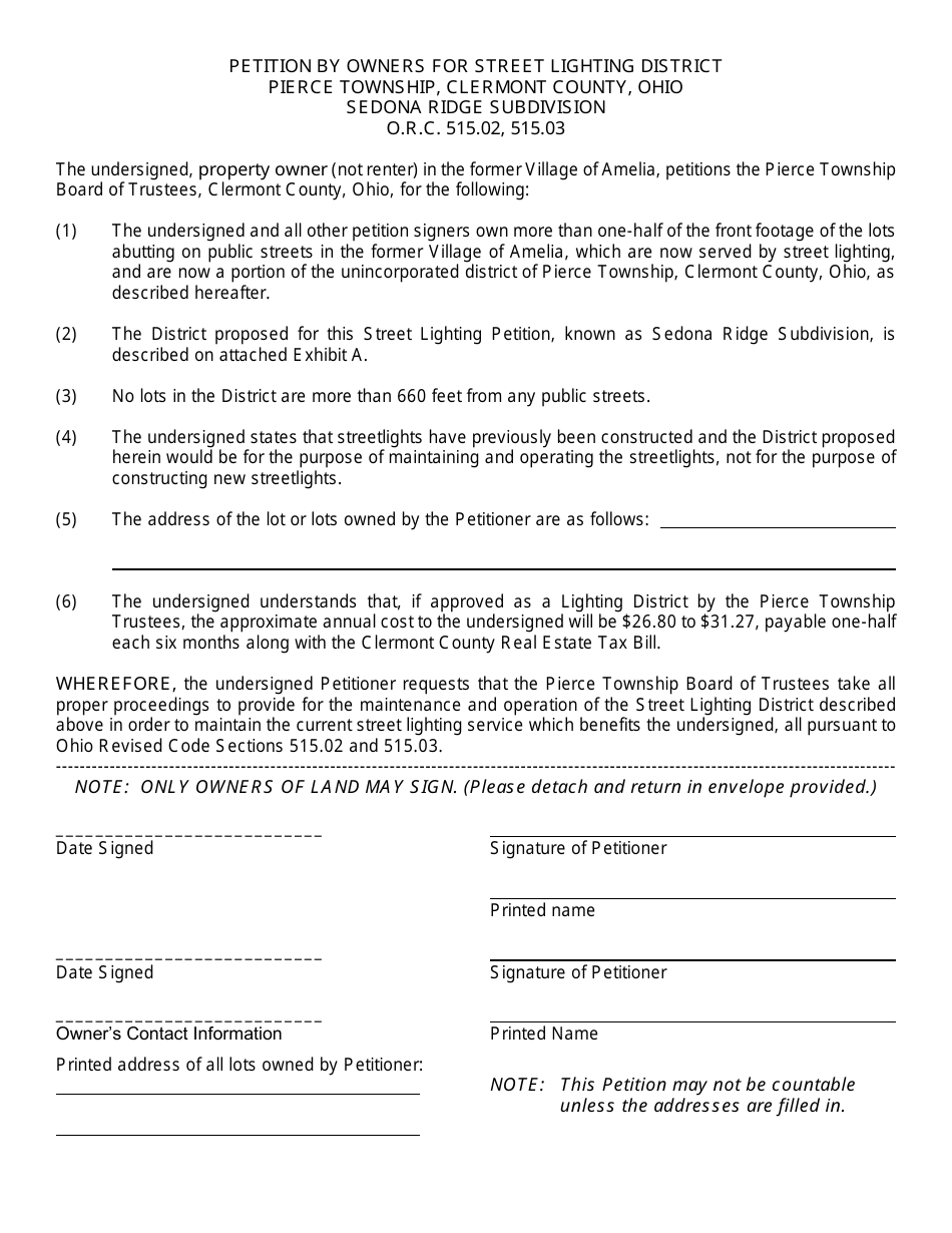 Petition by Owners for Street Lighting District - Sedona Ridge Subdivision - Pierce Township, Ohio, Page 1
