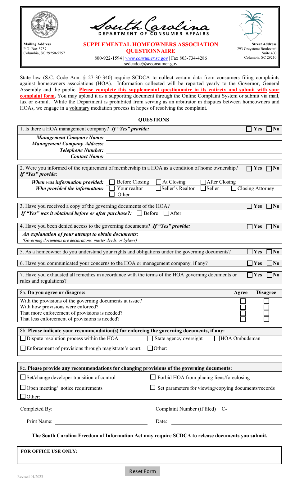 Supplemental Homeowners Association Questionnaire - South Carolina, Page 1