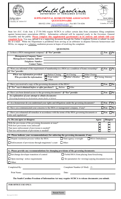 Supplemental Homeowners Association Questionnaire - South Carolina Download Pdf