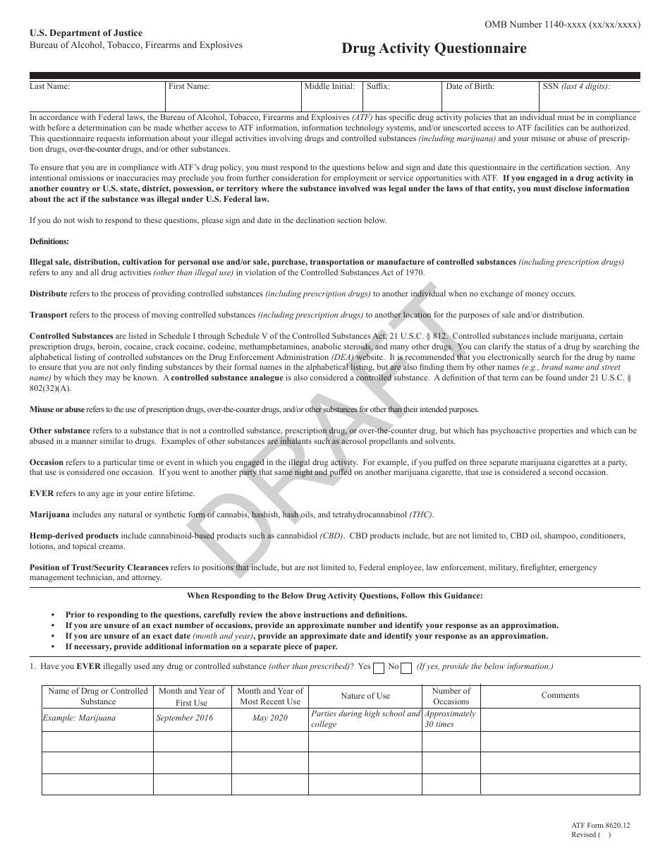 ATF Form 8620.12 Drug Activity Questionnaire - Draft, Page 1