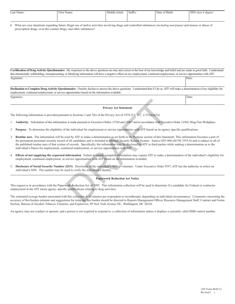 ATF Form 8620.12 Drug Activity Questionnaire - Draft, Page 3