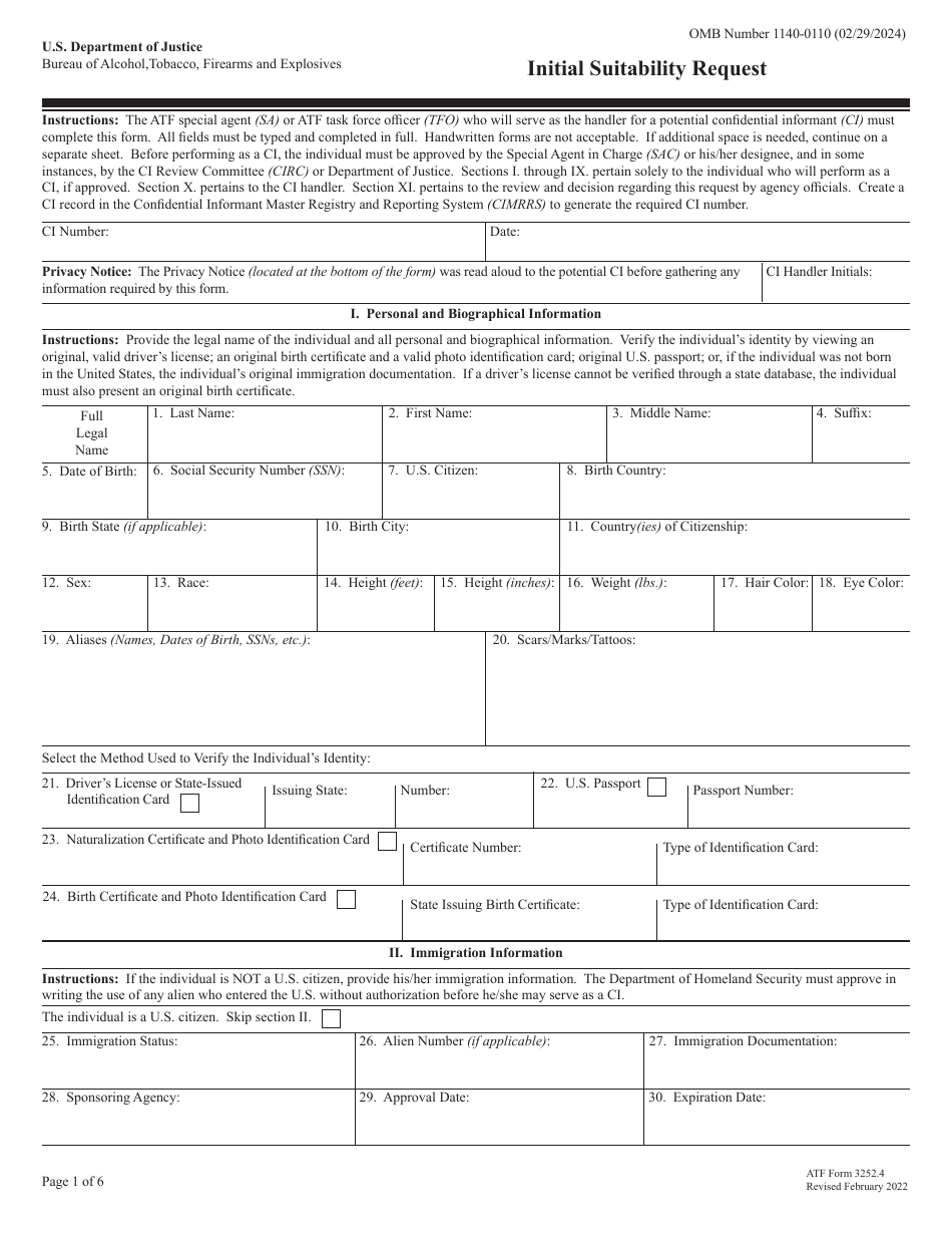 ATF Form 3252.4 Initial Suitability Request, Page 1