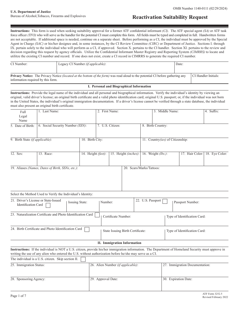 ATF Form 3252.5 Reactivation Suitability Request, Page 1