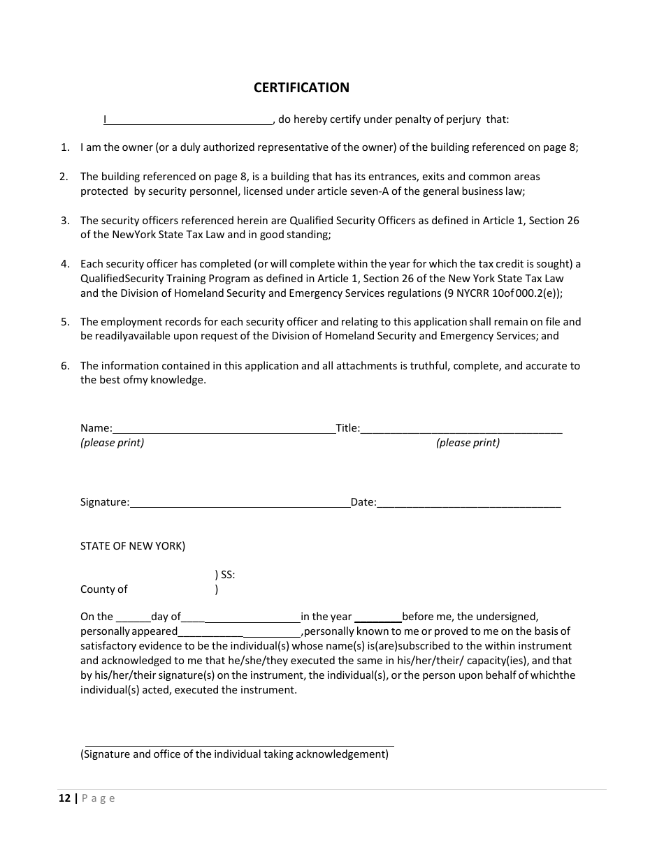 Security Officer Training Tax Credit Program Application - New York, Page 12