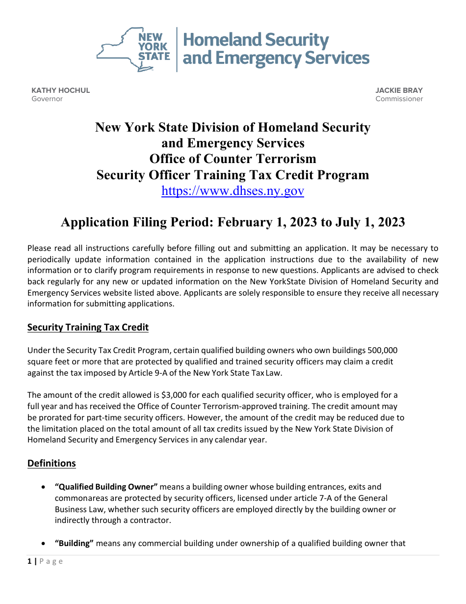 Security Officer Training Tax Credit Program Application - New York, Page 1