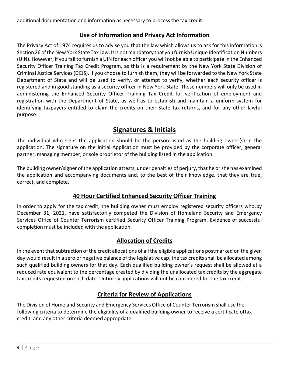Security Officer Training Tax Credit Program Application - New York, Page 4