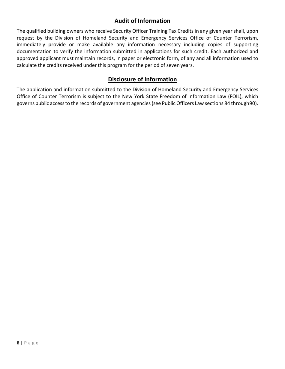 Security Officer Training Tax Credit Program Application - New York, Page 6