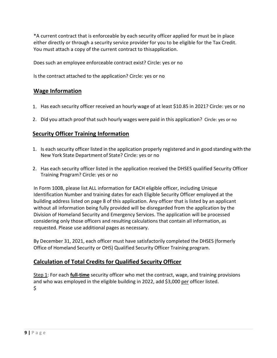 Security Officer Training Tax Credit Program Application - New York, Page 9