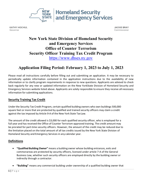 Security Officer Training Tax Credit Program Application - New York, 2023