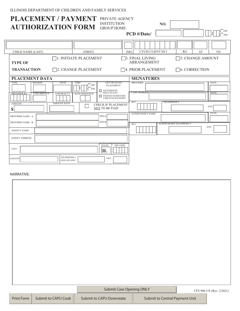 Form CFS906-1 / E Placement / Payment Authorization Form - Illinois, Page 1