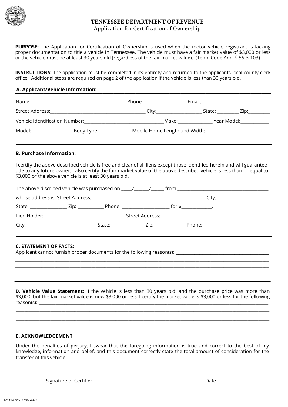Form RV-F1310401 Application for Certification of Ownership - Tennessee, Page 1