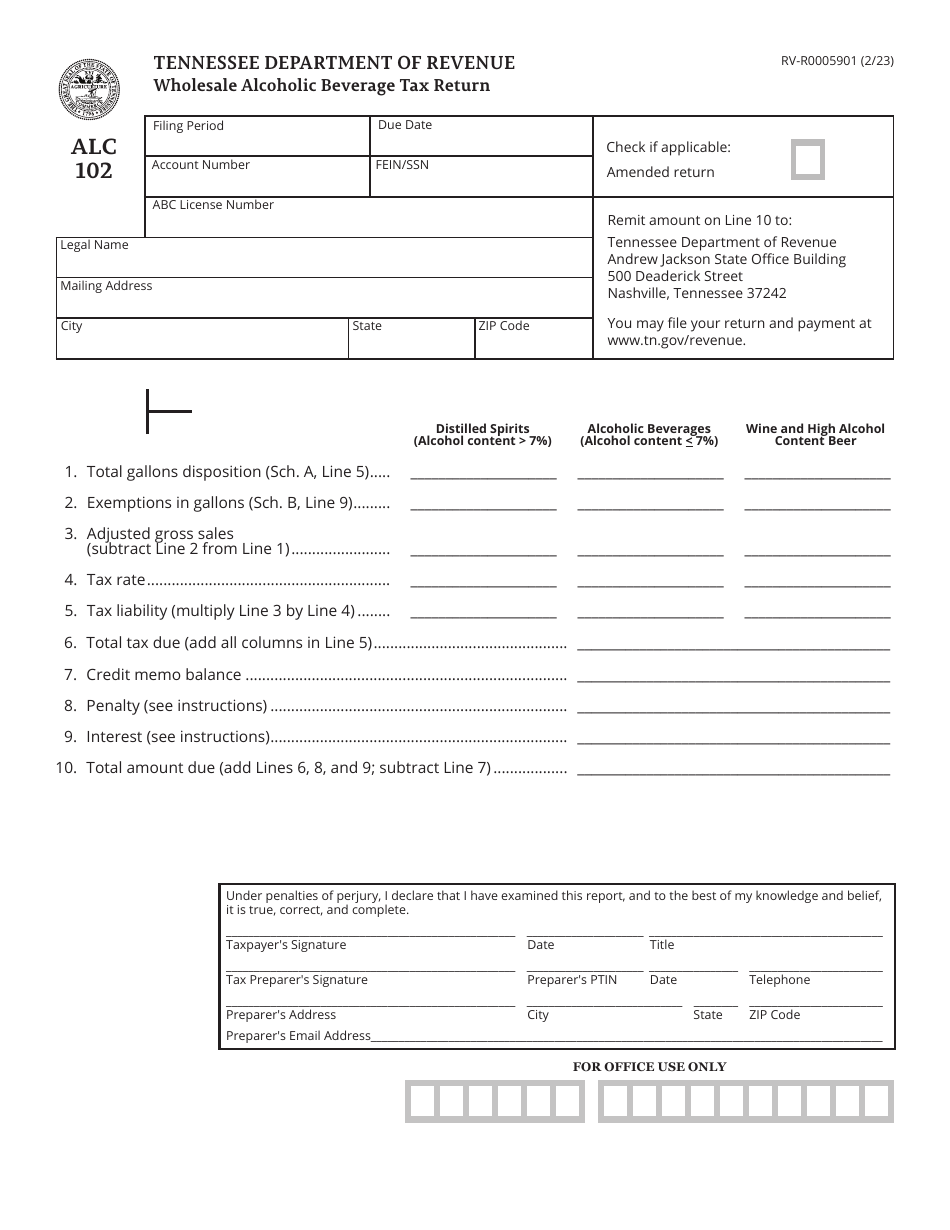 Form ALC102 (RV-R0005901) Wholesale Alcoholic Beverage Tax Return - for Tax Periods Beginning May 1, 2019 - Tennessee, Page 1