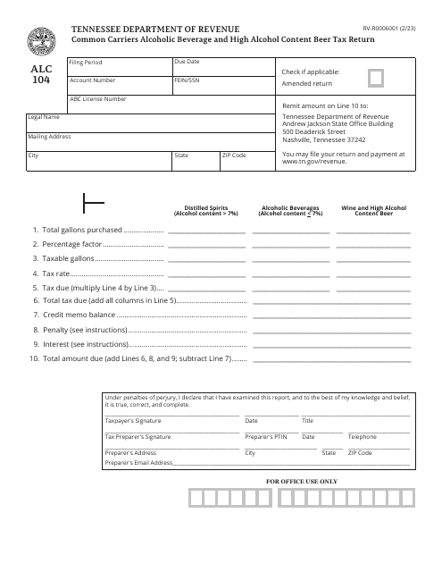 Form ALC104 (RV-R0006001) Common Carriers Alcoholic Beverage and High Alcohol Content Beer Tax Return - Tennessee