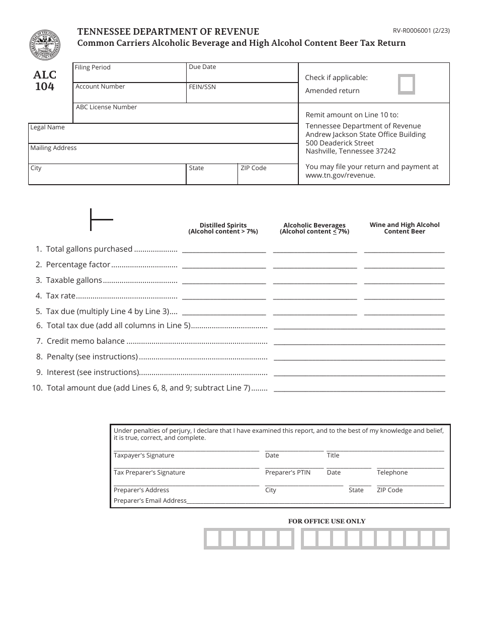 Form ALC104 (RV-R0006001) Common Carriers Alcoholic Beverage and High Alcohol Content Beer Tax Return - Tennessee, Page 1