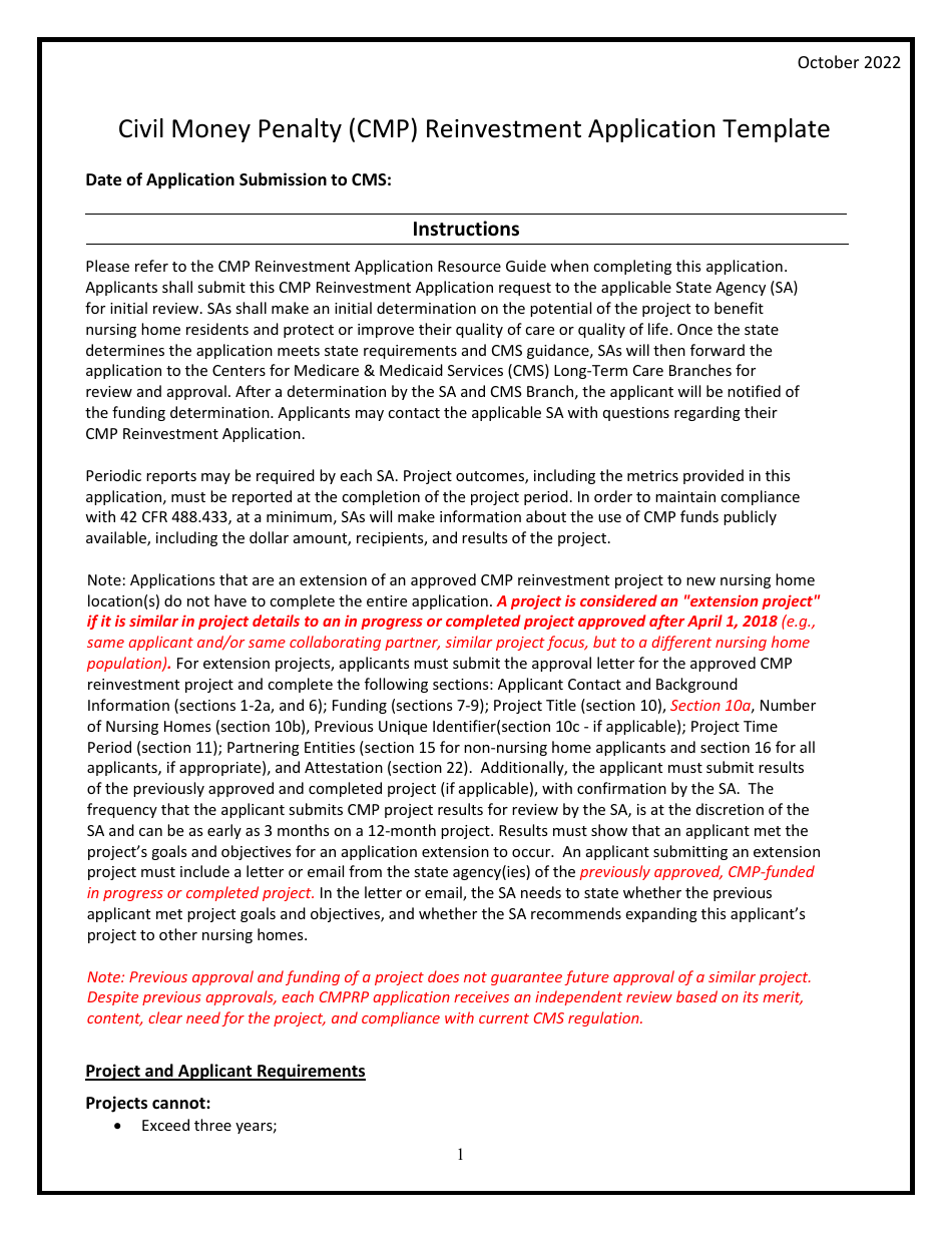 Civil Money Penalty (Cmp) Reinvestment Application Template, Page 1