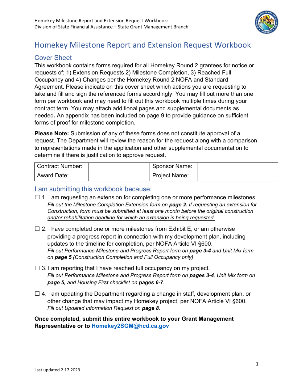 Homekey Milestone Report and Extension Request Workbook - California, Page 1