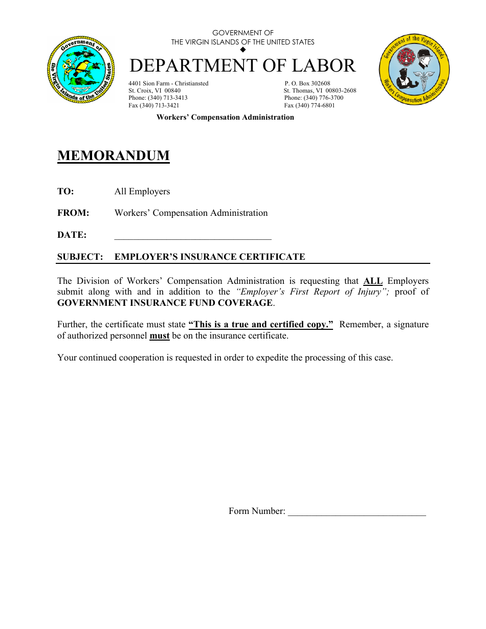 Memorandum - Employers Insurance Certificate - Virgin Islands, Page 1